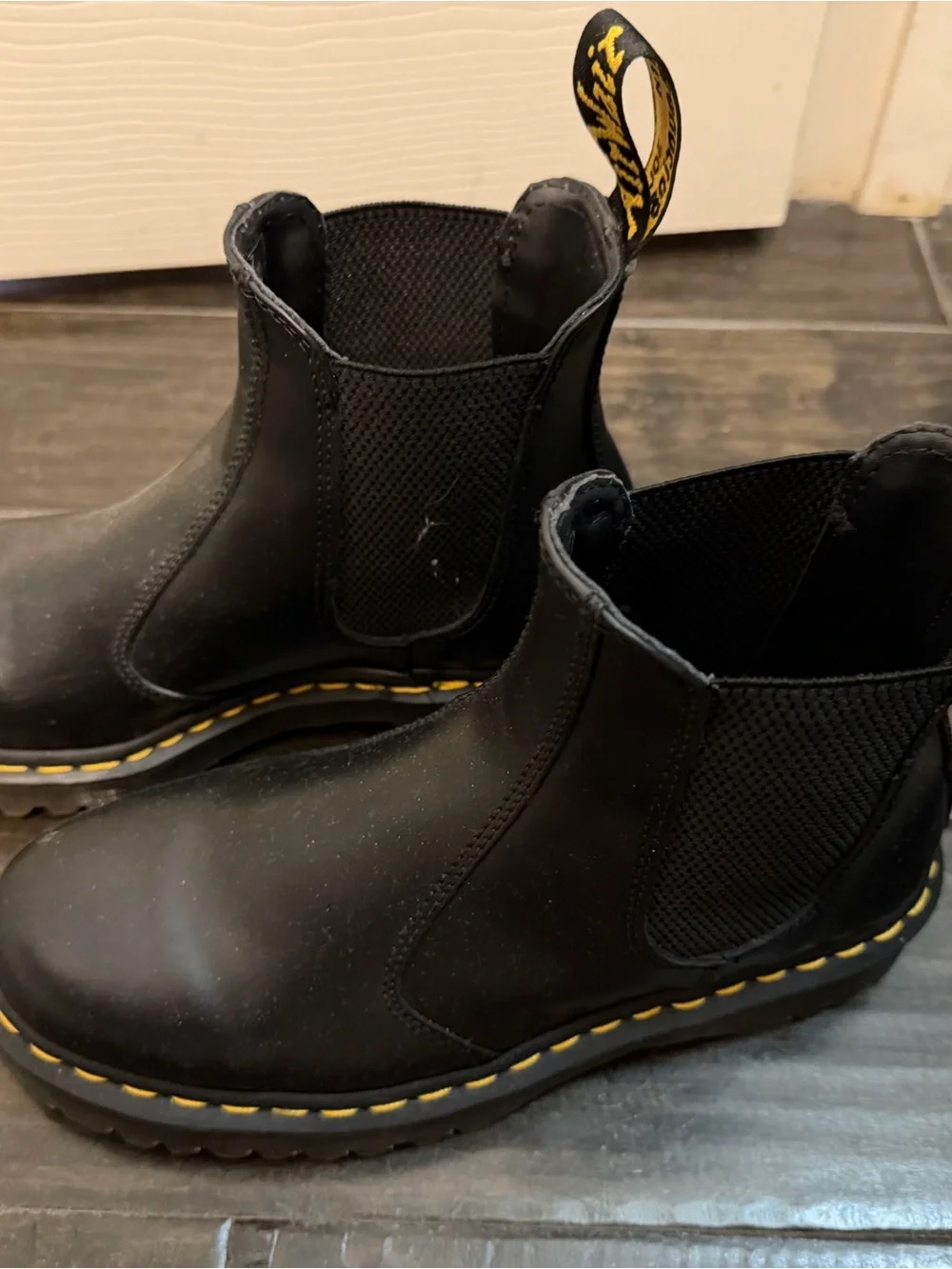 Black Doc Martens Chelsea Boots with Yellow Stitching
